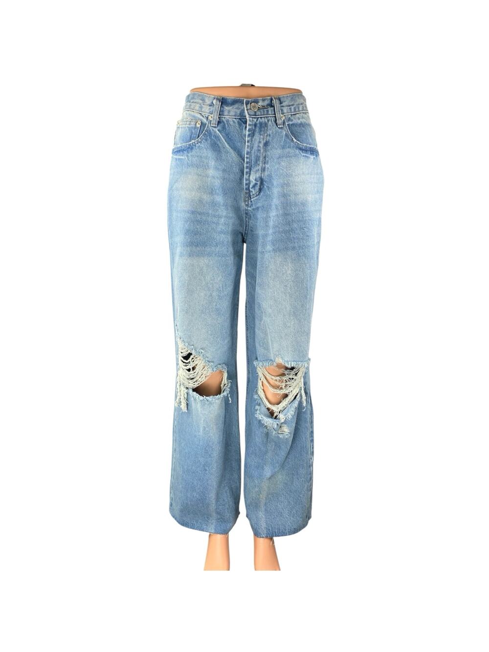 Signature 8 Womens Blue Distressed High Waist Wide Leg Baggy Denim Jeans Pants S